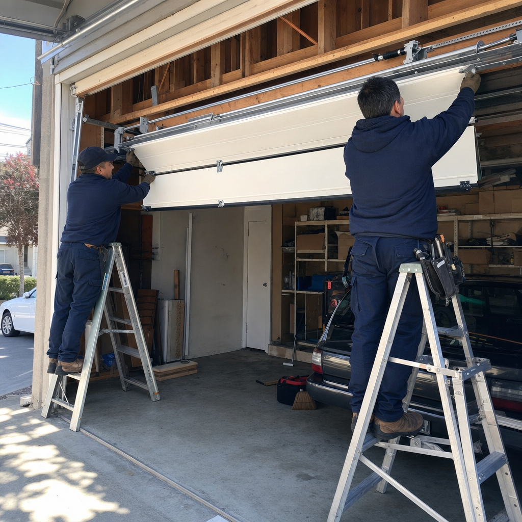 Two technicians professionally installing a new sectional residential garage door