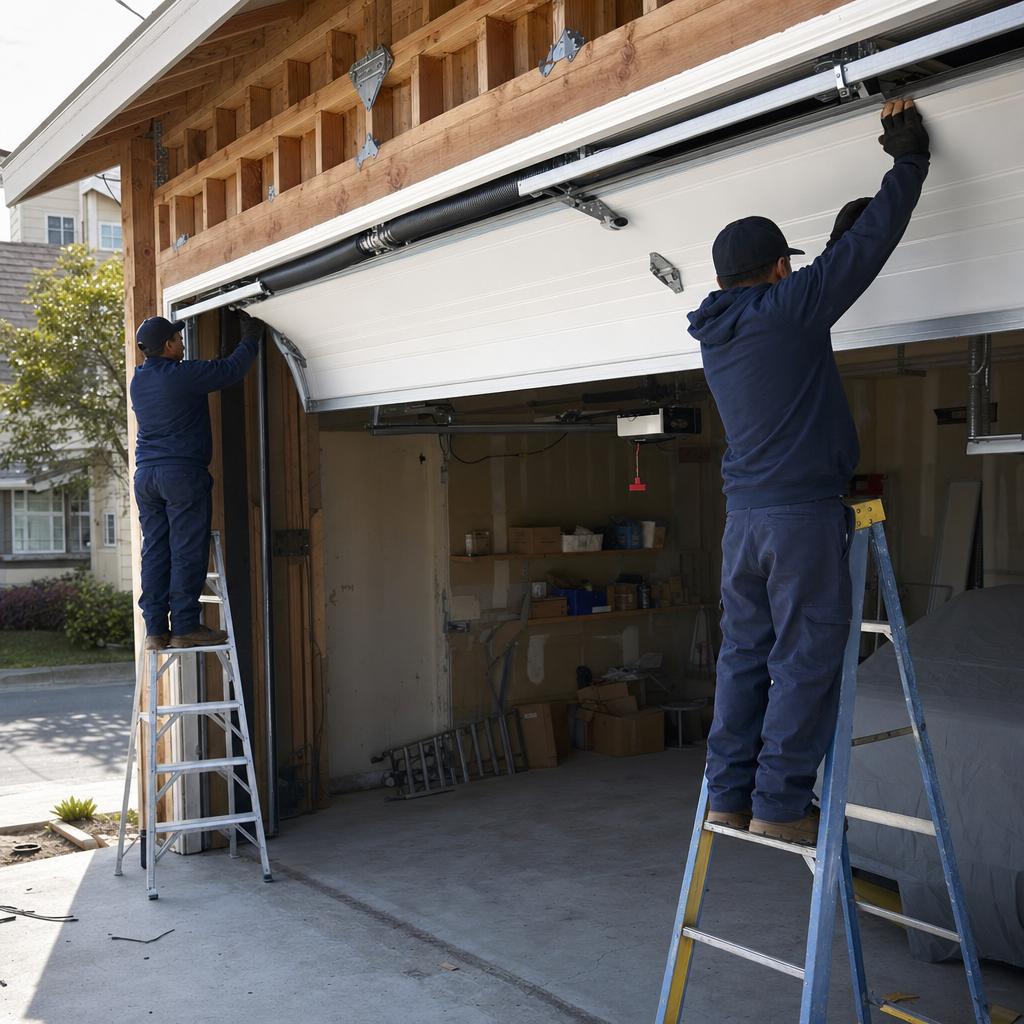 Two technicians installing a new white garage door on a residential home