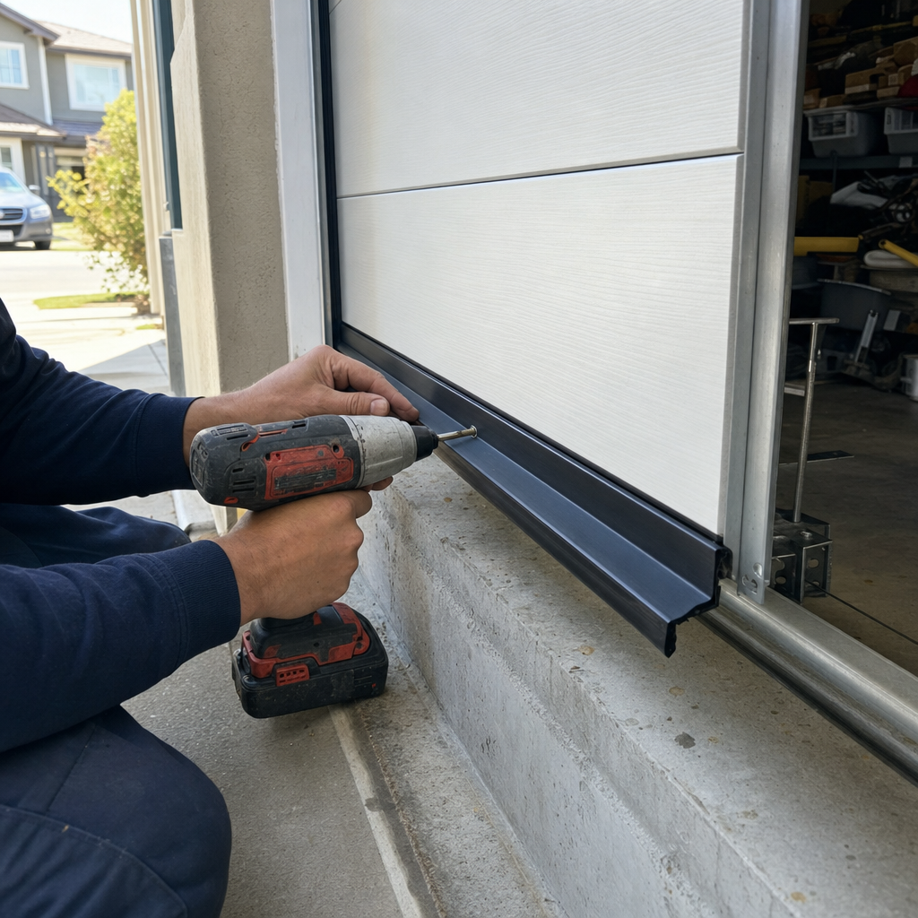 Technician using a power drill to install garage door bottom weather seal