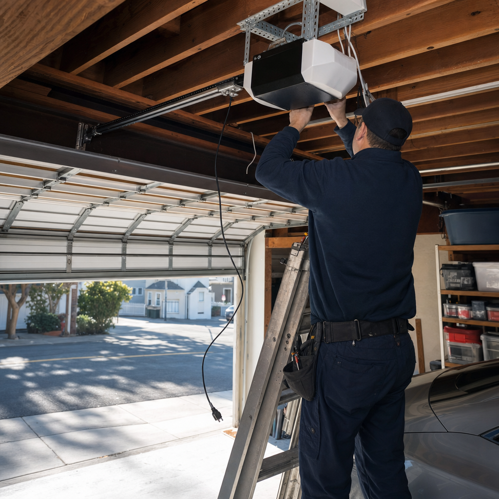 Technician installing a garage door opener on a ladder