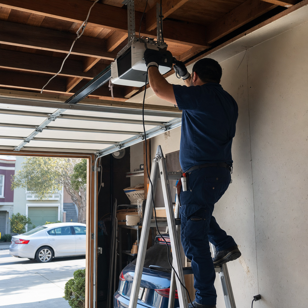 Technician installing a residential garage door opener system on a ladder