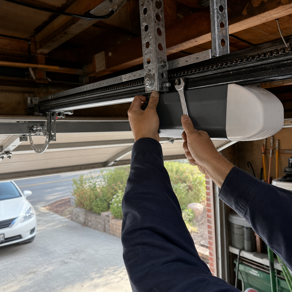 Technician using a wrench to repair a garage door opener