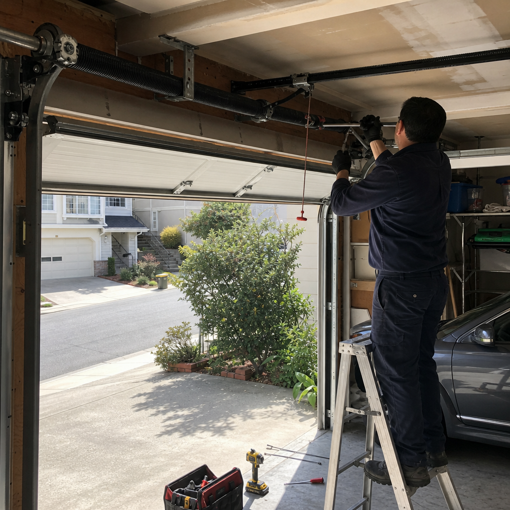Technician performing professional garage door spring repair and maintenance