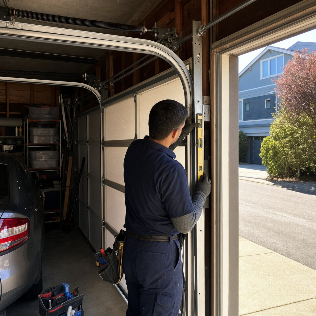 Technician using a level to repair a garage door track