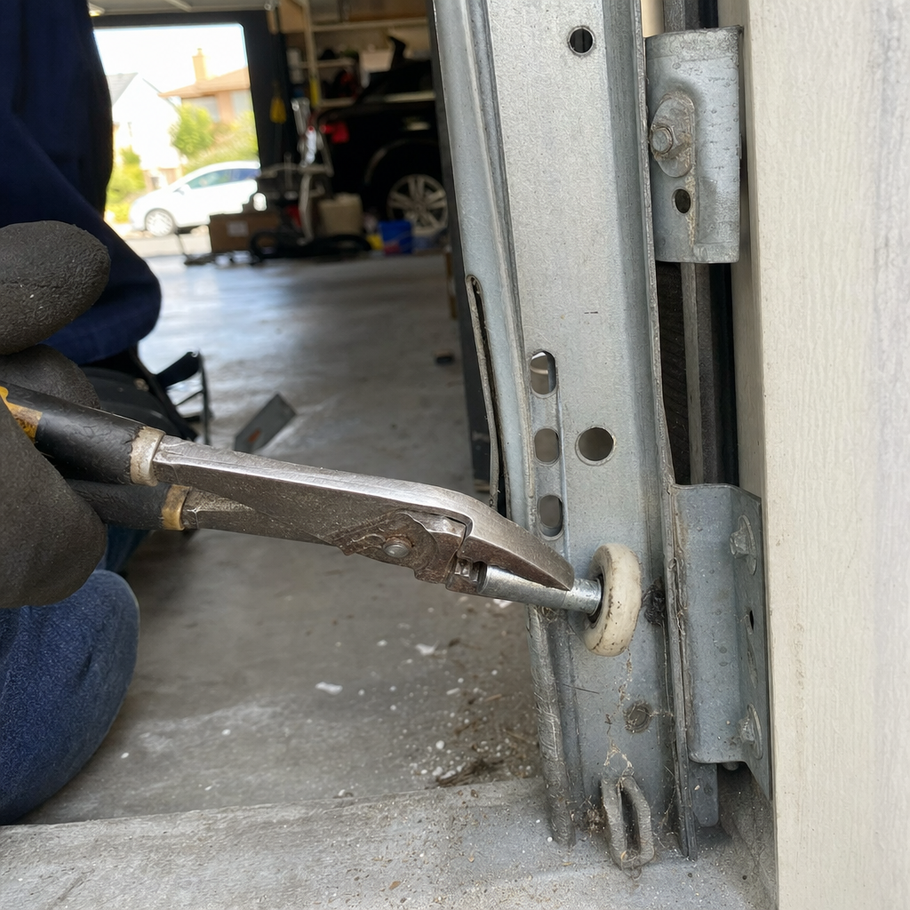 Technician using pliers to repair a garage door roller