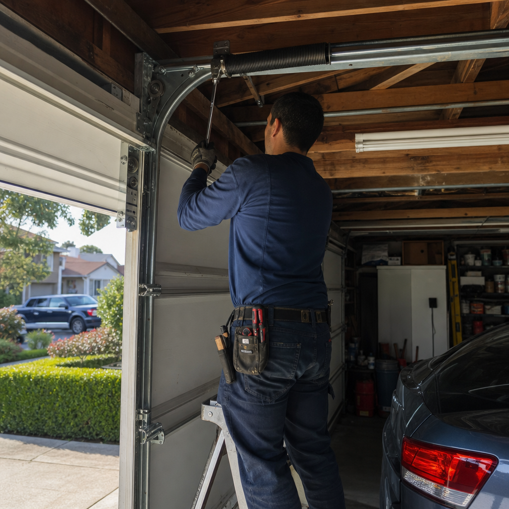 Technician performing emergency garage door spring repair on a ladder in San Francisco, CA