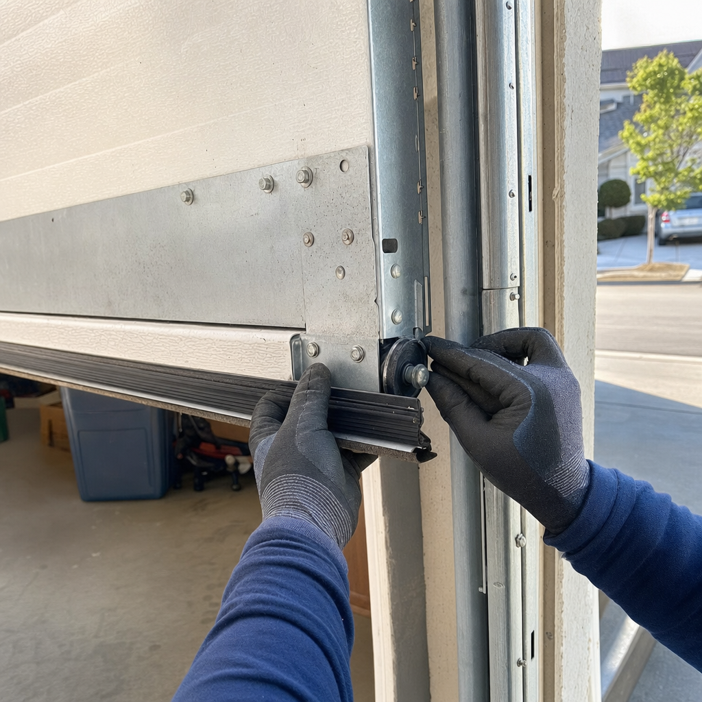 Technician performing emergency garage door bottom roller repair in San Francisco, CA