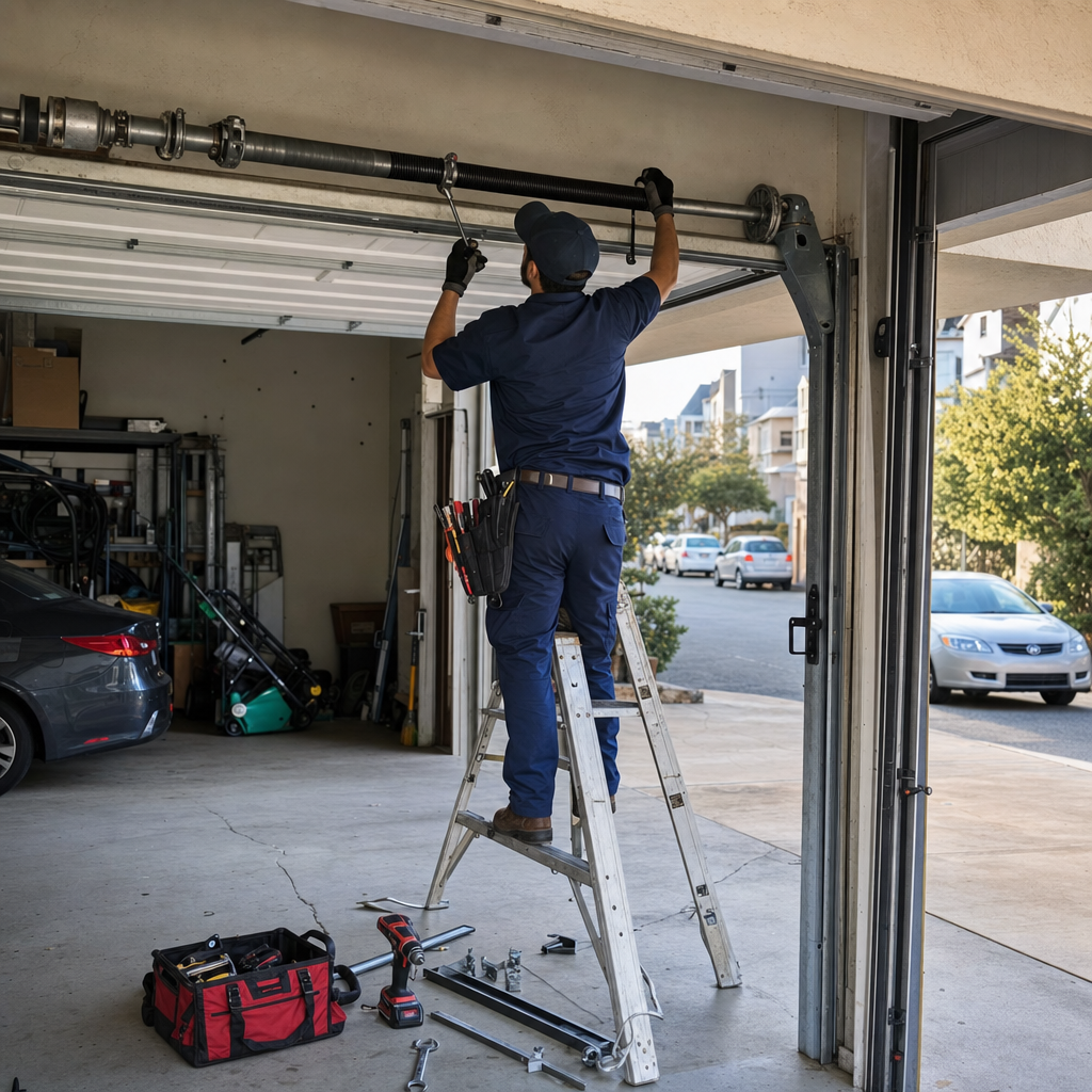 Technician performing emergency garage door spring repair on a ladder in Moraga, CA