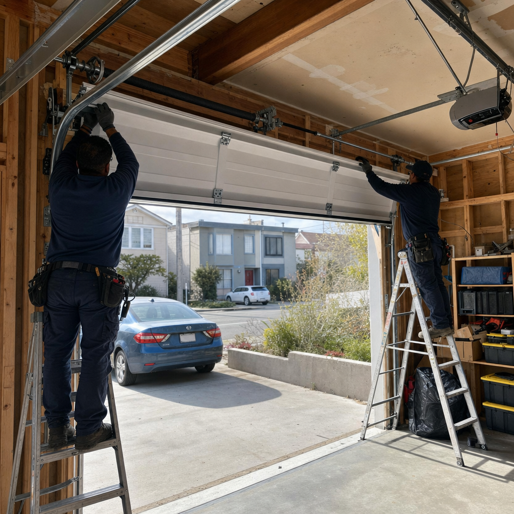 Two technicians installing a white residential garage door