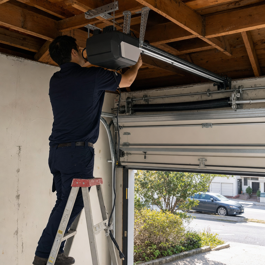 Technician installing a garage door opener on a ladder.