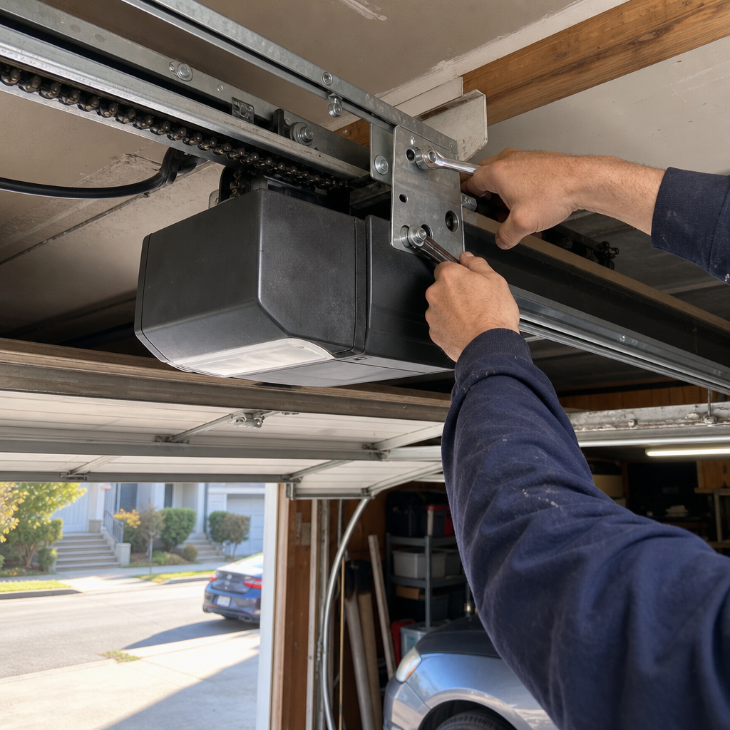 Technician repairing or installing a ceiling-mounted garage door opener mechanism