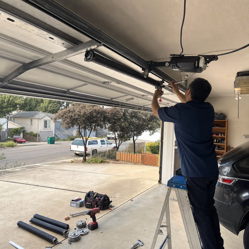 Technician performing professional garage door spring repair and maintenance in San Francisco, CA
