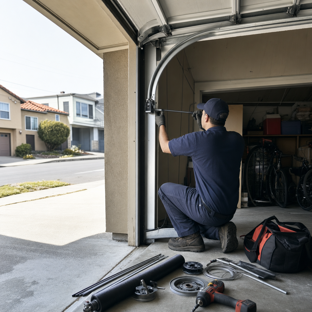 Technician performing professional garage door repair and parts replacement in San Francisco, CA